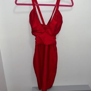 Solemio ruched v front halter mini dress red